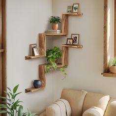 a living room filled with lots of furniture next to a wall mounted potted plant