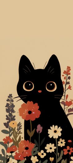 a black cat is surrounded by flowers and plants