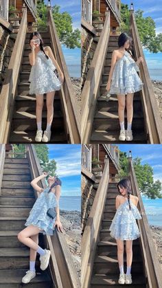 four different pictures of a woman in a dress standing on stairs with her hands behind her head