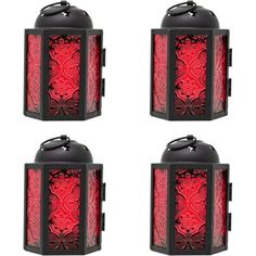 four red and black lanterns with intricate designs on the front, side and back sides