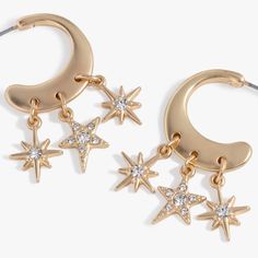 Get celestial guidance with the Star Multicharm Hoop Earrings, featuring a post-back golden hoop with dangling, crystal-detailed star charms. Hoops With Charms, Golden Hoops, Antique Earrings, Alex And Ani, Star Charms, The Star, Antique Gold, Hoop Earrings, Charms