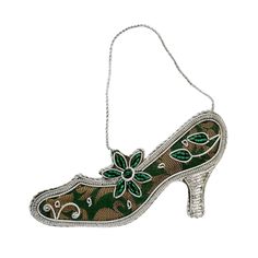 Embroidered green and gold womens shoe Christmas ornament BoutiqueByMariam. Vanity Drawer, Victorian Shoes, Shoe Ornaments, Tree Wreath, Christmas Tree Wreath, Wine Tags, Embroidered Shoes, Closet Door, Womens Stilettos