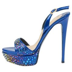 Holographic Blue, Jeweled Sandals, Rhinestone Heels, Cute Heels, Shoes Blue, Kitten Heel, Shoes Shoes, Blue Leather, Sling Backs