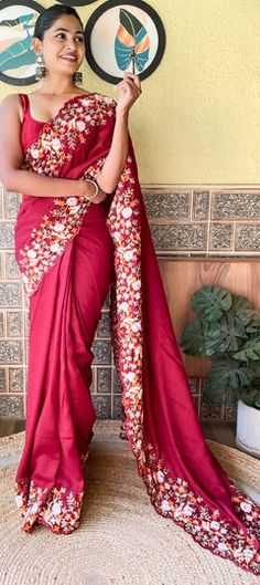 Red and Maroon color Saree in Art Silk fabric with Embroidered, Sequence, Thread work Red Chanderi Sets With Floral Embroidery, Red Floral Embroidered Sets For Navratri, Red Sets With Floral Embroidery For Navratri, Red Saree Set With Floral Embroidery, Red Semi-stitched Set With Floral Embroidery, Red Floral Embroidered Saree Set, Fitted Red Saree With Embroidered Border, Red Fitted Saree With Embroidered Border, Fitted Red Blouse With Embroidered Border