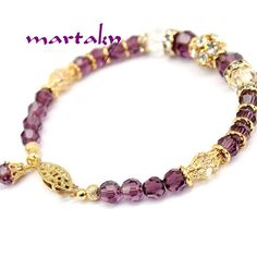 Amethyst Bracelet Swarovski Crystal 22 K Gold Plated Eggplant Purple Bridesmaids Bridal Bracelet Vic Victorian Wedding Jewelry, Purple Bridesmaids, Victorian Wedding, Bracelet Crystal, Eggplant Purple, Elegant Bracelet, Bridal Bracelet, Amethyst Bracelet, Spacer Beads