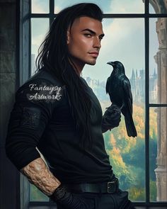 a painting of a man with long hair holding a crow in front of a window