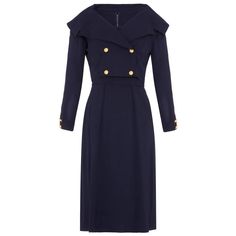 This chic late 1950s or 1960s navy silk crepe dress suit with brass naval-style buttons is from American label Mr Mort and is in impeccable vintage condition. The double-breasted cropped jacket features four gold gilt buttons, a stylish sailor collar and full-length sleeves, each with two matching buttons to embellish the cuff. The accompanying dress has a simple, elegant line, with a gentle scoop neckline and cap sleeves. The bodice is neatly tailored to accentuate the bust cinching neatly at t Navy Dress Outfit, Queen Diana, Royal Wardrobe, Suits Outfits, 50 Womens Fashion, Suit Outfit, Blue Long Sleeve Dress, Jacket Suit, Dress And Jacket