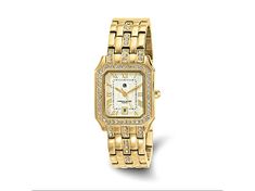 Yellow IP-plating over stainless steel Charles Hubert women's watch featuring 26x32mm case, mineral crystal, silver dial with date, gold-toned hands and Roman numerals, crystal accented bezel, crown and bracelet. Comes with Japanese quartz movement, deployment buckle clasp, 3 ATM water resistance and lifetime warranty on movement type. Watch band measures approximately 8 1/2"L x 5/8"W. Classic Gold Watches With Diamond Accents, Elegant Gold Diamond Watch With Date Display, Elegant Anniversary Jewelry And Watches With Date Display, Elegant Diamond Watch With Date Display For Anniversary, Gold Jewelry With Diamond Accents And Rectangular Dial, Elegant Gold Watch Accessories With Date Display, Gold Diamond Watch Accessories For Anniversary, Classic Gold Diamond Watch With Date Display, Diamond Watch With Date Display For Gift