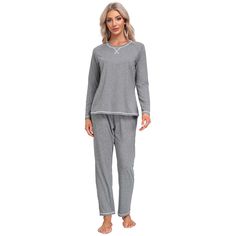 Material: 91% Polyester, 9% Spandex Material characteristics： 91% Polyester, 9% Spandex. Womens pajama set were made of lightweight, stretchy, soft and skin-friendly fabric, keep you relaxed while sleeping at night and enjoy superior comfort. Features: The long sleeve pajama tops with round neck & front fashion design, simple but elegant, perfect for house or daily wear on cooling day. Full length pajama pant with elastic waistband, features loose fit to offers you tummy support, allowing more f Comfy Sleepwear With Pockets For Loungewear, Casual Gray Cotton Sleepwear, Gray Loungewear Sets With Pockets, Comfortable Solid Color Sleepwear With Pockets, Comfortable Solid Sleepwear With Pockets, Gray Relaxed Fit Loungewear Set, Gray Cotton Sleepwear For Loungewear, Comfortable Gray Relaxed Fit Sleepwear, Gray Relaxed Fit Comfortable Sleepwear