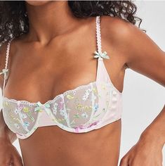 *Hard To Find! *Nwt -For Love & Lemons Midsummer Bra Large Pastel Pink Victoria's Secret Sheer Pastel Embroidered Floral Lace -Satin Pink Bunchy Sides; Part Of A 3-Piece Set Cross Your Heart Bra, Pastel Lingerie, Lingerie Aesthetic, Summer Bra, Heart Lingerie, Yellow Bra, Bra Collection, Floral Lingerie, Pretty Bras