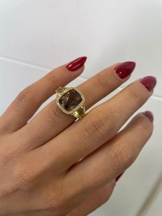 Vintage Cocktail Ring - 3CT Cushion Briolette Smoky Topaz, Solid 18k Yellow Gold, Retro ring, Estate Ring, Lemon Quartz Ring, Statement ring Jewelry Material: Yellow Gold 18k (the gold has been tested by a professional) Total Carat Weight: 6.25 ct (Approx.) Total Metal Weight:  5.58g Size:4.75 US \ 15.53mm                                                                                              Grading Results: Stone Type: smoky topaz  Shape: cushion briolette  Carat:3 ct (Approx.), Stones Qu Gold Baguette Cut Ring With Halo Setting, Gold Rings With Halo Setting In Baguette Cut, Fine Jewelry Yellow Gold Topaz Ring With Diamond Accents, Luxury Gold Cluster Ring With Accent Stones, Formal Citrine Open Ring Jewelry, Formal Open Ring Citrine Jewelry, Gold Rings With Gemstone For Fine Jewelry, Luxury Gold Jewelry With Accent Stones, Gold Topaz Ring With Halo Setting In 14k Gold