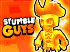 a cartoon character with an orange background and the words stumble guys on top of it