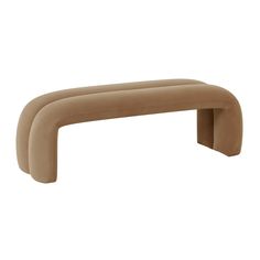 the curved bench is made out of thick, suede material and has two legs