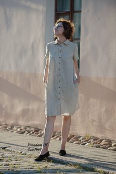 "Linen dress LAURENCE available in 30 color. Handmade from soft stonewashed organic linen. Breathable lightweight this dress is perfect for any occasion. - - - - - - - - - - - - - - - - - - - - - - - - - - - - - Important * Kindly note in reality, the color may be brighter or darker, depending on the resolution and technical capabilities of your computer * Please select the color you like in the drop-down menu * If you need help with determining the color, just contact us * For the colors \"stri Casual Linen Dress With Short Sleeves, Casual Short Sleeve Linen Dress, Relaxed Fit Linen Button-up Dress, Summer Neutral Shirt Dress For Daywear, Neutral Shirt Dress For Summer Daywear, Casual Beige Relaxed Fit Shirt Dress, Beige Relaxed Fit Casual Shirt Dress, Casual Beige Shirt Dress With Relaxed Fit, Summer Linen Midi Shirt Dress