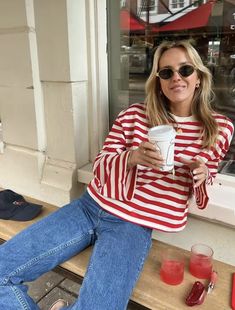 Striped Red And White Shirt Outfit, Buckle Inspired Outfits, Red And White Striped Top Outfit, Outfits With Red Top, Pops Of Red Outfit, Red Lipstick Outfit Casual, Maroon Outfit Ideas, Christmas Shopping Outfit, Red Shirt Outfit