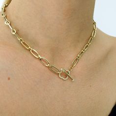 "◖ P R O P E R T I E S ◗ * Material: 14k Yellow Gold * Weight: 9,7gr (for 16,5\" ±5%) * Necklace Length: 14\" - 22\" // 35,6cm - 55,9cm (±3%, Please contact me for different sizes) ◖ D I O N J E W E L ◗ ‣ 14K REAL GOLD ‣ EXPRESS DELIVERY IN 1-3 DAYS* ‣ HANDMADE ONLY FOR YOU, NO USED JEWELRY ‣ GIFT BOX AND OTHER GIFTS ◖ P R O D U C T I O N  &  Q U A L I T Y ◗ ‣ All of our jewelry are handmade and made to order. ‣ We use only 14K real gold. (8k or 18k too for some jewelry) We do not craft any gold Elegant Link Chain Necklace With Toggle Clasp, Elegant Link Chain Toggle Necklace, Luxury Chain Necklace With Toggle Clasp, Elegant Toggle Necklace With Cable Chain Link, Elegant Paperclip Chain Necklace With Toggle Clasp, Elegant Oval Chain Necklace With Lobster Clasp, Elegant Chain Necklace With Lobster Clasp For Anniversary, Elegant Chain Necklace With Toggle Clasp For Formal Wear, Elegant Toggle Chain Necklace