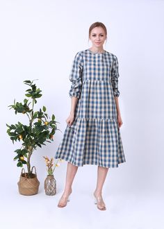 "It is ideal for daily wear, party, travel, work, school, indoors and outdoor walks, spending time with family, shopping, etc.The dress is exceptionally comfortable and soft. DETAIL - 100% linen, soft washed - Medium weight linen - Long Sleeves - No lining, Don't see through - crew neck Choose CUSTOM Order if you * Need a better fit * Can't find your size in our size Chart * Change the Style * Change the long We do make custom made clothes.  Just let us know your measurements of your body bust: Spring Long Sleeve Cotton Plaid Dress, Spring Long Sleeve Plaid Cotton Dress, Spring Cotton Plaid Long Sleeve Dress, Casual Long Sleeve Plaid Dress For Summer, Casual Long Sleeve Plaid Dress In Gingham Pattern, Casual Long Sleeve Gingham Plaid Dress, Casual Linen Plaid Dress, Plaid Cotton Midi Dress For Fall, Casual Gingham Plaid Long Sleeve Dress