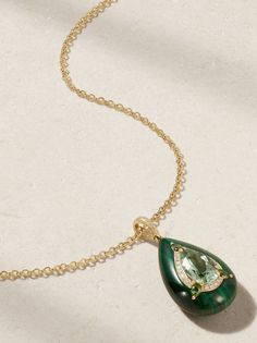 Boghossian's necklace is part of the 'Reveal' collection, which is inspired by the intricate details seen in Mughal-era art. Cast from 18-karat gold, it has a vibrant malachite pendant inlaid with tonal tourmalines and shimmering diamonds using an ancient technique of carving stones, so they sit seamlessly together. Adjust the slim chain to your preferred drop. Luxury Jewelry With Detachable Pendant For Formal Occasions, Luxury Jewelry With Detachable Pendant For Formal Events, Luxury Formal Jewelry With Detachable Pendant, Emerald Drop Necklace For Formal Occasions, Drop Emerald Necklaces For Formal Occasions, Formal Drop Emerald Necklace, Opulent Formal Necklaces With 17 Jewels, Luxury Emerald Diamond Necklace, Luxury Emerald Gemstone Necklace For Formal Occasions