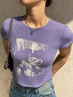 ⚡️Buy Grunge Pattern Print Crop Top Purple M under $14.00 in Tops & Tees Online. crossStyle: pattern  & grunge inspired Street/Y2K/Vintage/Casual/GrungeColor: LilacFabric Content: Polyester BlendFit Type: Slim fitNeckline: Crew NeckSleeve Length: Short SleeveDesign: This lilac piece baby tee is perfect for effortless. ✓Free Shipping on all orders over US$69. Y2k Baby Tee Outfit, Baby Tee Outfit, Crop Top Purple, Grunge Looks, Grunge Pattern, Street Y2k, Baby Graphic Tees, Y2k Baby Tee, Swaggy Outfits