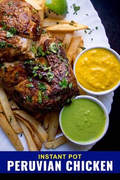 a plate with chicken, french fries and guacamole sauces on it