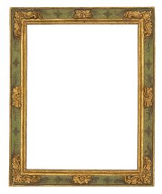 an ornate gold frame with green leaves and scrolls on the edges, isolated against a white background