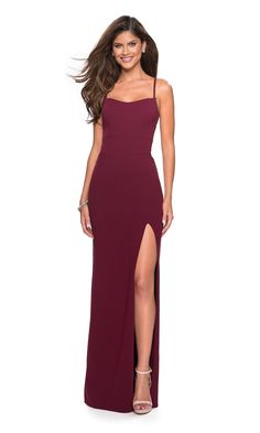 Tight jersey prom dress with side slit and criss-crossing straps against the open back. Jersey Evening Dress, Jersey Prom Dress, Long Fitted Dresses, Prom Dress Stores, Prom Dress Styles, Full Length Skirts, Prom Style, Prom Designs, Designer Prom Dresses