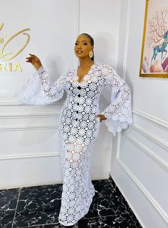 Cord Lace Dress Styles Nigerian, Cod Lace Dress Styles, White Caftan Dress For Women, Bubu Gown For Lace, Lace Caftan Styles For Women, Bubu Lace Style For Women, White Boubou Gown Styles, Latest Bubu Gown Styles Lace Fabrics, White Lace Kaftan Styles Nigerian