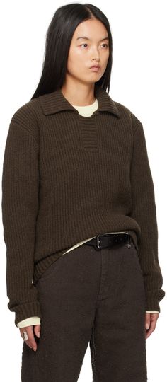 Rib-knit wool sweater. · Spread collar · Dropped shoulders Supplier color: Dark brown Knitted Sweater Outfit, Knit Sweater Outfit, Knit Sweaters, Collar Sweater, 2024 Fashion, Knitted Sweater, Wool Sweater, Knitwear Women, Wool Sweaters