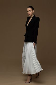 Jacket style top with pleated skirt - HerTrove Spring Formal A-line Pleated Skirt, Formal V-neck Pleated Dress With Pleated Hem, Structured Pleated Evening Dress, Evening V-neck Pleated Dress, Elegant Structured Pleated Dress, A-line Pleated Evening Skirt, Chic Pleated Dress For Work, Elegant Office Dress With Pleated Skirt, Chic Pleated Bodice Dress For Work