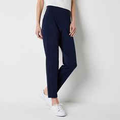 Cut for a high-rise, this pair of women's pants from Stylus is the perfect wardrobe addition for a casual or tailored look. They are made from a woven stretch fabric with a smooth elastic waistband, side and back pockets, and tapered legs that hit right at the ankle. Wear yours with a t-shirt and sneakers for an off-duty look.Front Style: Flat FrontFeatures: Stretch FabricClosure Type: Pull OnFit: Regular FitPockets: 2 Front Slip Pockets, 2 Back Faux PocketsRise: High RiseFiber Content: 83% Poly Casual Straight Leg Pull-on Dress Pants, Comfort Stretch Dress Pants For Workwear, High Waist Pull-on Style Pants For Workwear, Versatile Pull-on Pants For Business Casual, Straight Leg Dress Pants With Elastic Waistband, Non-stretch Pull-on Bottoms For Business Casual, Non-stretch Tapered Leg Bottoms For Business Casual, High Waist Pull-on Style Bottoms For Workwear, Non-stretch Straight Leg Dress Pants With Elastic Waistband