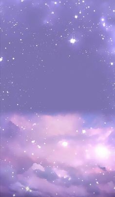 the sky is filled with stars and clouds in purple hues, as well as white