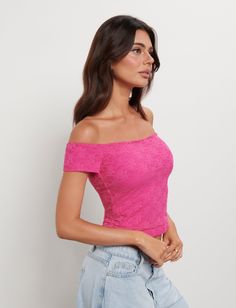 CAIDEN TOP - PINK : HOT PINK : HOT PINK LACE Clear Gel, Shop Tops, Tiger Mist, Strapless Bra, Comfy Fits, Pink Lace, Crop Tops Women, Mist, Off The Shoulder