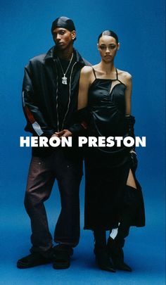 two people standing next to each other in front of a blue background with the words heron preston