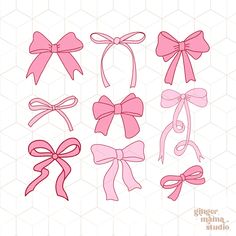 pink bows and ribbons on white background with hexagon grids in the background