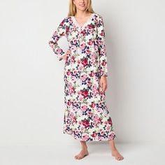 Get cozy and comfortable in this Adonna women's long-sleeve floral-print nightgown. Cut in a maxi-length style from soft stretch-jersey, this nightdress has a v-neckline with a lace trim and button-front closures.Features: Lace TrimClosure Type: Button, Pullover HeadNeckline: V NeckSleeve Length: Long SleeveApparel Length: 52 InchesFiber Content: 90% Polyester, 10% SpandexFabric Description: JerseyCare: Machine Wash, Tumble DryCountry of Origin: Imported Women's Nightgowns, Getting Cozy, Night Dress, Night Gown, Women Long Sleeve, Lace Trim, Floral Print, Floral Prints, Trim