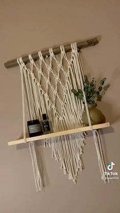 a shelf with some items on it and a plant in the corner next to it