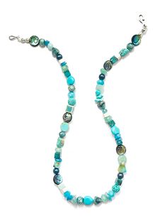 Multi-strand Turquoise Gemstone Beads Necklace, Elegant Multi-strand Turquoise Gemstone Necklace, Artisan Turquoise Multi-stone Necklace, Elegant Turquoise Multi-stone Necklaces, Blue Turquoise Multi-strand Necklace With Polished Beads, Organic Pattern, Green Hues, Hook Eye, Painted Glass