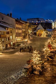 a snowy town at night with lit christmas trees