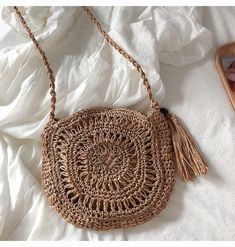 Small Boho Round Beach Bag, Handmade Straw Woven Shoulder Bag, Summer – Elena Handbags Boho Shoulder Bag, Summer Beach Bag, Crochet Bag Pattern Free, Beach Yoga, Crochet Handbags Patterns, Small Boho, Bag Summer, Boho Bags, Crochet Square Patterns