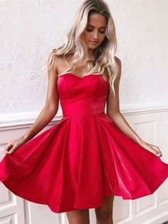 Cute Strapless Backless Red Dresses Short Prom Dresses, Bac Red Homecoming Dresses Short, Strapless Homecoming Dresses, Red Formal Dresses, Short Satin Dress, Short Red Prom Dresses, Dress With Corset, Formal Ball Gown, Satin Homecoming Dress, Red Homecoming Dresses