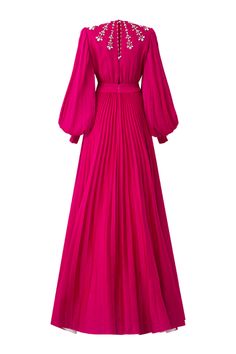 Scarlet Pleated Bishop Sleeved Silk Maxi Dress | MEAN BLVD Silk Pleated V-neck Maxi Dress, Cocktail Dress With Pleated Waist And Voluminous Skirt, Luxury Pleated Evening Dress, Evening Dresses With Balloon Sleeves And Fitted Bodice, Long Sleeve Ruched Dresses For Banquet, Ruched Long Sleeve Dresses For Banquet, Pink Voluminous Evening Dress, Elegant Puff Sleeve Dress With Lantern Sleeves, Luxury Pleated Evening Dress For Gala