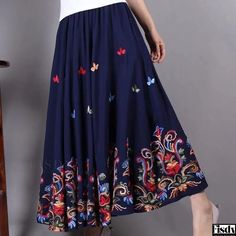 Fisdy - Embroidered A-line Skirt with High Waist, Cotton Linen Blend and Flowy Silhouette Navy Blue Skirt, Skirts Midi High Waisted, Red Skirts, Blue Skirt, Green Skirt, Types Of Skirts, Black Skirt, Line Design, A Line Skirt