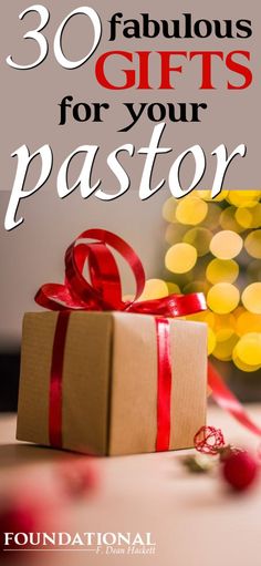 a present box with red ribbon on it and the words, 30 fabulous gifts for your pastor