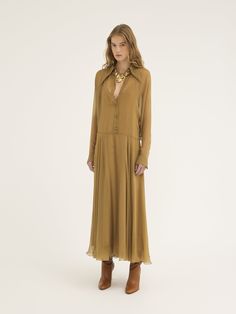 Chic Semi-formal Silk Dress, Chic Long Sleeve Silk Dress For Daywear, Silk Button-up Evening Dress, Elegant Flowy Shirt Dress For Daywear, Button-up Silk Evening Dress, Elegant Silk Collared Shirt Dress, Elegant Silk Chiffon Dresses For Daywear, Elegant Silk Shirt Dress For Fall, Formal Silk Button-up Dress