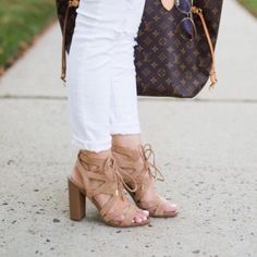 Nwt. Unworn. Tan Suede. Size 7.5. Casual Summer Heels With 4-inch Heel, Trendy Beige Sandals With 4-inch Heel, Summer Lace-up Block Heel Sandals With 4-inch Heel, Chic Suede Lace-up Sandals, Chic Suede Lace-up Sandals With Round Toe, Beige Sandals With 4-inch Heel For Summer, Chic Closed Toe Lace-up Sandals For Summer, Casual Sandals With 4-inch Heel And Ankle Strap, Summer Suede Lace-up Sandals With Wrapped Heel