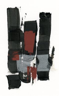 an abstract painting with black and red squares