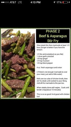 the recipe for beef and asparagus is shown in this screenshot from an iphone