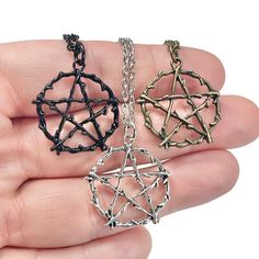 "You will receive one bronze pentacle necklace, charm, and chain of your choice! These are also available as just the charm. The charm is 28.5 mm tall and 26.9mm wide. Each necklace comes in its own gift box! (if multiple pendants are ordered without a chain, they may be packed together in one gift box) Chain options: Silver Plated Stainless Steel 2.2mm cable Silver Stainless Steel 2mm cable: Hypoallergenic and tarnish resistant! Sterling Silver 2mm Cable: Hypoallergenic Bronze: Comes as the len Witch Jewelry Diy, Warlock Aesthetic, Pentacle Jewelry, Pentacle Necklace, Wicca Jewelry, Pagan Necklace, Wiccan Necklace, Witch Necklace, Pentagram Pendant