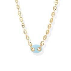 18k Gold-Plated Brass Length: 14" Extender: 2" Lobster clasp closure Luxury Light Blue Necklace For Gift, Blue Pendant Necklace With Lobster Clasp, Blue Pendant Chain Necklace With Adjustable Chain, Light Blue Clavicle Chain Necklace, Blue Adjustable Gold-plated Chain Necklace, Blue Pendant Chain Necklace With Clavicle Chain, Blue Pendant Chain Necklace, Blue Pendant Clavicle Chain Necklace, Blue Adjustable Gold Plated Chain Necklace