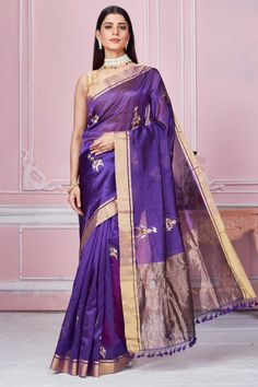 Buy purple Banarasi sari online in USA with golden zari border and zari motifs. Look your best on festive occasions in latest designer sarees, pure silk saris, Kanchipuram silk sarees, handwoven sarees, tussar silk saris, embroidered sarees from Pure Elegance Indian fashion store in USA.-full view Purple Banarasi Saree, Banarasi Sari, Latest Designer Sarees, Fashion Journals, Banarasi Saree, Traditional Fabric, Designer Sarees, Banarasi Sarees, Blouse Dress